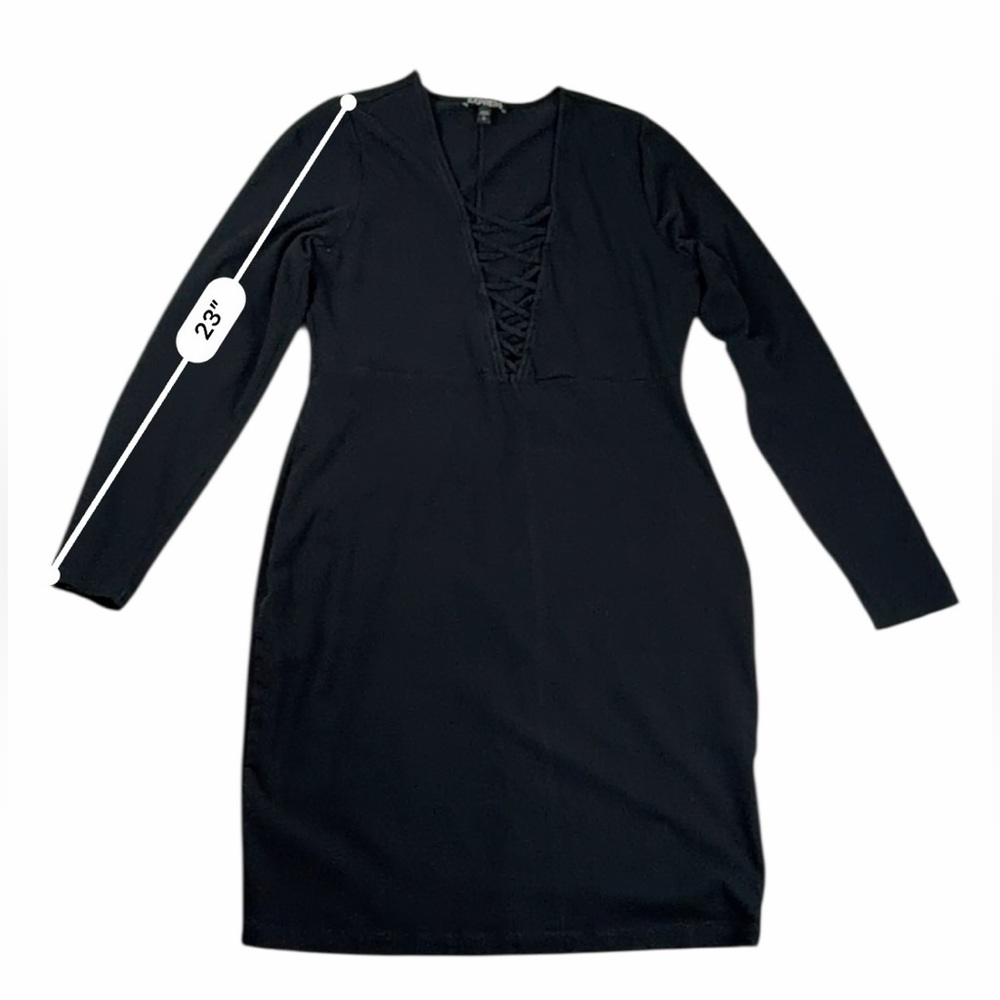Express Women’s Black Deep V-Neck Long Sleeve Classic Bodycon Dress – Size L - Picture 10 of 17